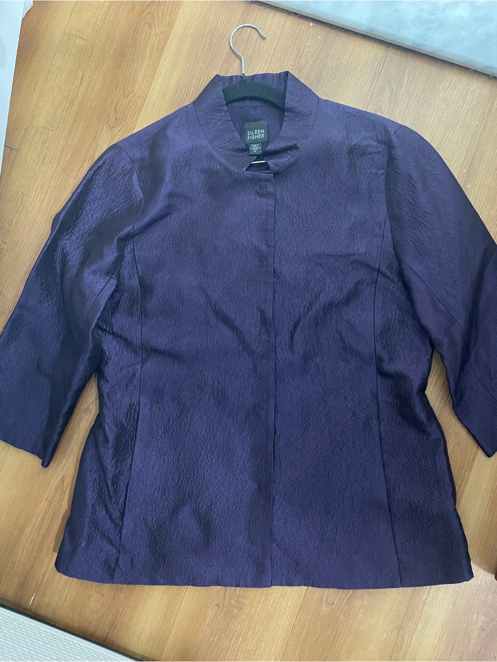 Eileen Fisher Deep Purple Textured Collarless Jacket 100% Silk Sz M Excellent